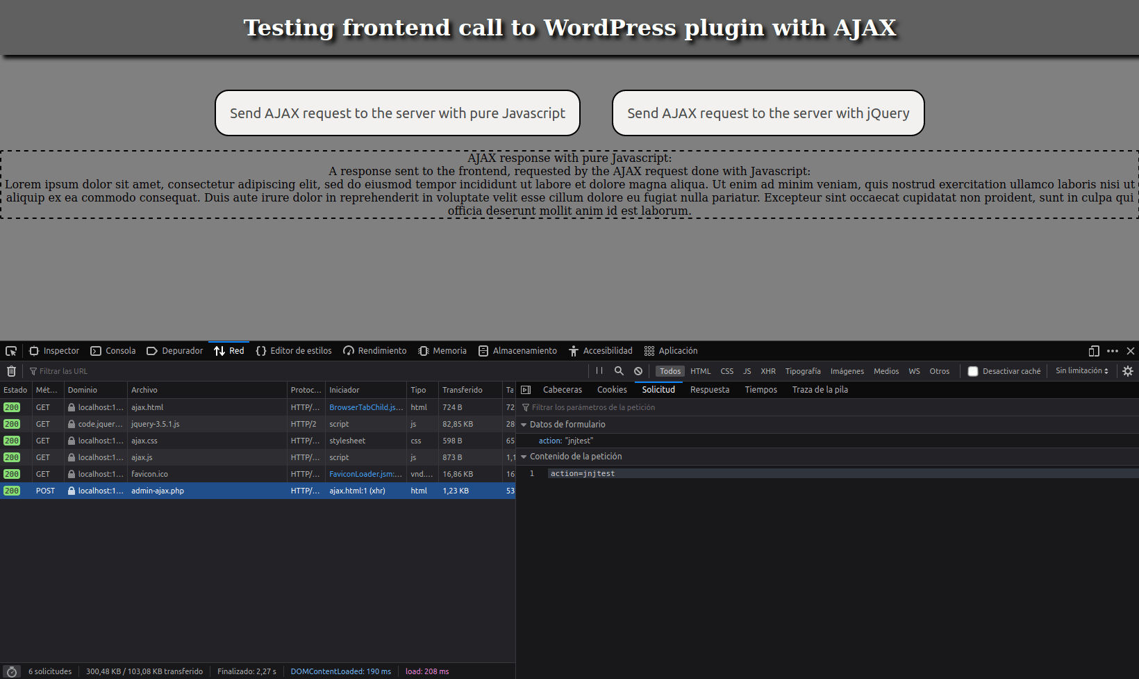 Testing frontend call with JavaScript to WordPress backend with a plugin..